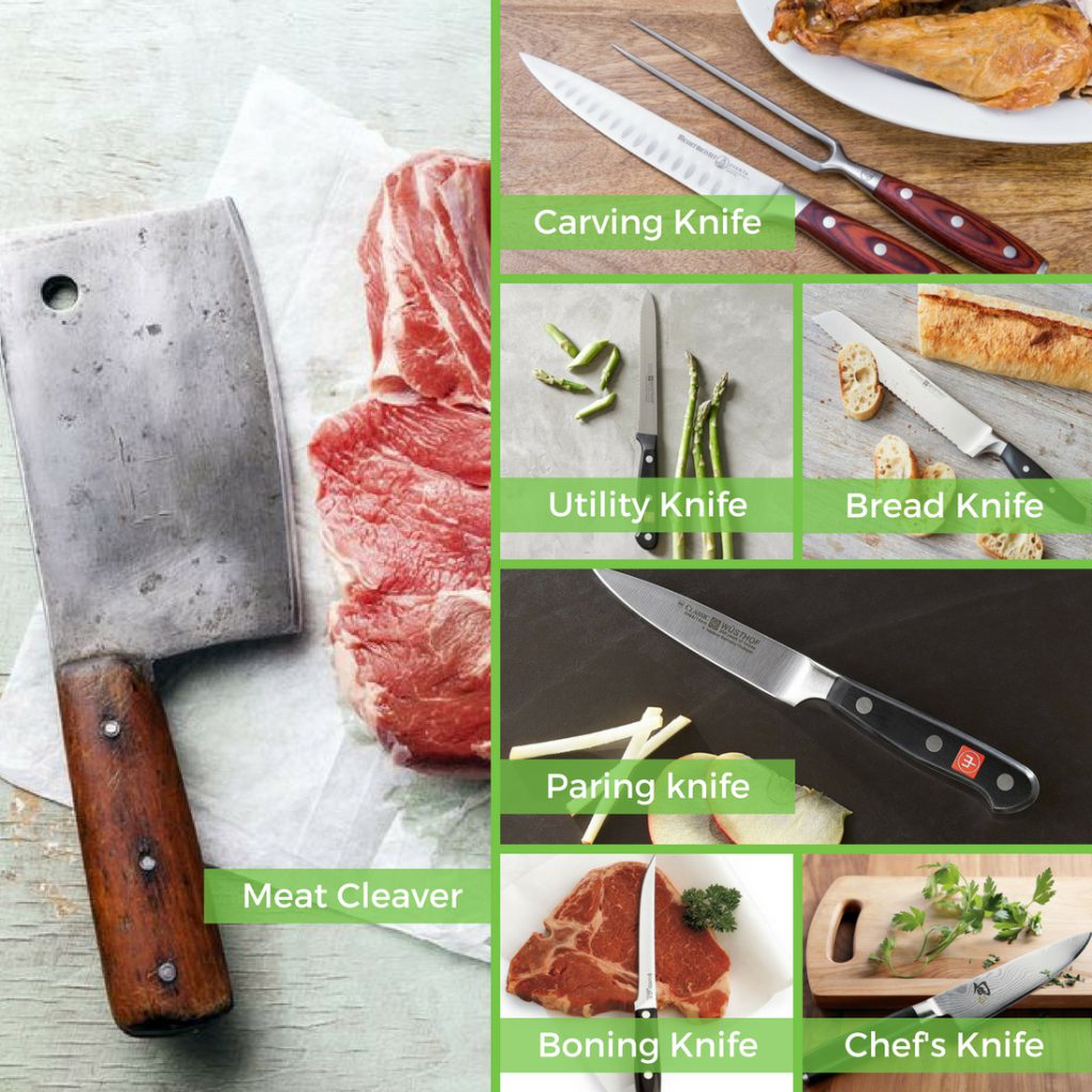 The main reason that we recommend kitchen knife sets is because they come with so many different blades that you can use when prepping ingredients. If you think that you can use the same blade for all your cutting needs, think again. Using the right knife for each prep job ensures that you do not cut yourself and that you have complete control over the blade. Larger sets may come with more tools like poultry shears and a blade sharpener, while smaller sets come with just the basics. We'll go over some of the different types of kitchen knives and what you can do with each one. Chef's Knife One of the more important tools in your arsenal is a chef's knife. Also called a cook's knife, it is one of the largest knives in a set. It features a durable handle on one end and a blade that tapers down to a sharp point. Chef's knives will have either a flat or a serrated edge. You can use one to slice through tougher and tender ingredients, including fresh vegetables and meats. Utility Knife Though you can use a chef's knife for almost everything, you may prefer the control that you get with a utility knife. Designed to look just like a cook's knife, a utility blade is a little smaller. As long as you keep the blade sharp, it will cut through any of your ingredients. Paring Knife When you need to remove the peel from an apple or a potato, you'll like having a paring knife. These knives are so small that you can use it with a single hand. The sharp tip lets you break through the peel and find your starting point. These blades are often flexible and will slip under the peel too. Bread Knife Cutting into a loaf of freshly baked bread with the wrong knife will leave behind uneven slices. That blade may even crush the bread. A bread knife is a great tool for cutting delicate items. It features a serrated blade that lets you use a back and forth motion to slowly cut the bread. Serrated utility knives have a similar design. Boning Knife Whether you hunt and fish or just have a favorite butcher shop, you need your own boning knife. A boning knife has a long blade with a sharp tip. The blade itself is slightly flexible, which helps you get as close as possible to the bone inside a cut of meat. You can remove both larger bones and tiny pin bones with one of these knives. Carving Knife If you frequently invite guests over for dinner or host holiday dinners at your home, you may need a carving knife. Many knife sets come with both a carving knife and a meat fork. You insert the fork into a cut of meat to keep it steady as you cut thin and even slices from the meat with a carving knife. Meat Cleaver Meat cleaver and butcher knife are two words that describe the same type of kitchen tool. This knife features a large piece of metal attached to a handle. You can use one to split open bones to get access to the marrow or to cleave through large cuts of meat.